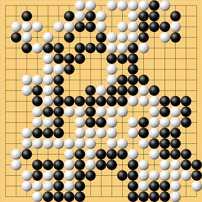 ネット囲碁オープン終局図　黒：松本武久七段　白：張栩棋聖　白番半目勝ち